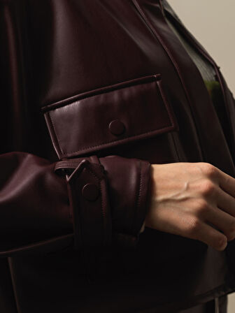 Xint Bordo Deri Görünümlü Oversize Ceket