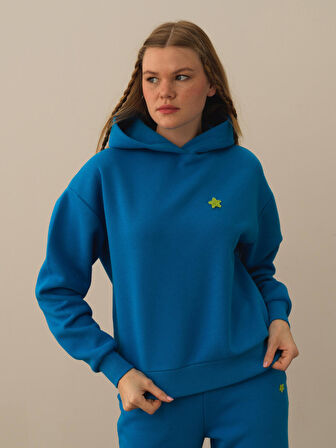 Xint Mavi Pamuk Dokulu Oversize Sweatshirt