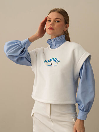 Xint Kırık Beyaz Pamuk Dokulu Oversize Sweatshirt