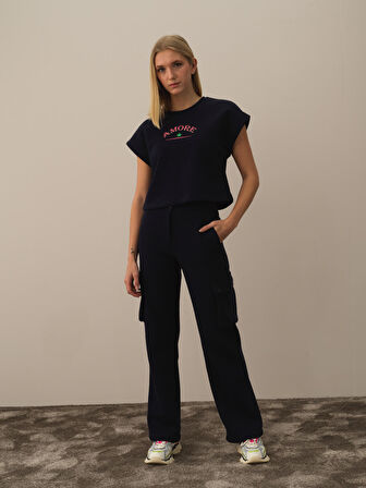 Xint Lacivert Pamuk Dokulu Oversize Sweatshirt
