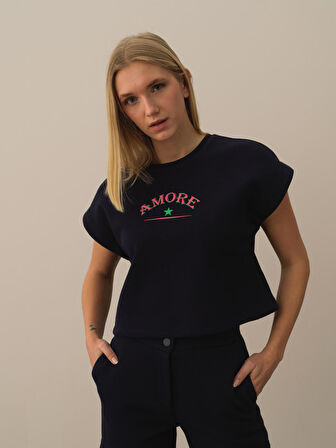 Xint Lacivert Pamuk Dokulu Oversize Sweatshirt