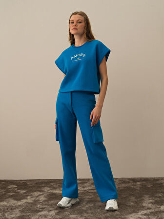 Xint Mavi Pamuk Dokulu Oversize Sweatshirt