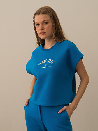 Xint Mavi Pamuk Dokulu Oversize Sweatshirt