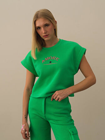 Xint Yeşil Pamuk Dokulu Oversize Sweatshirt