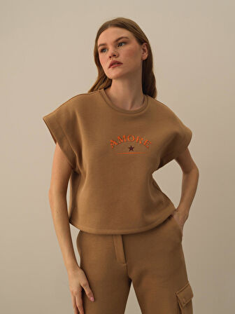 Xint Camel Pamuk Dokulu Oversize Sweatshirt