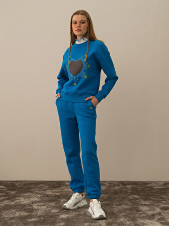 Xint Mavi Pamuk Dokulu Oversize Sweatshirt