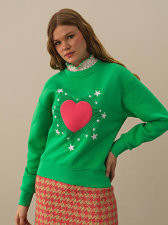 Xint Yeşil Pamuk Dokulu Oversize Sweatshirt