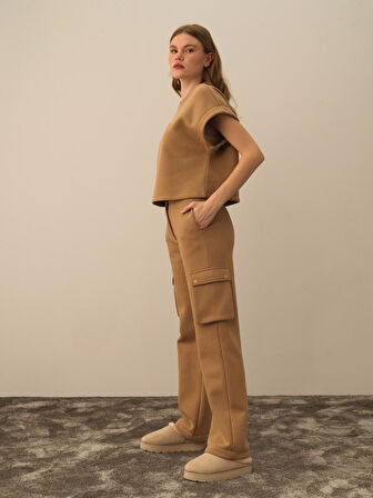 Xint Camel Pamuk Dokulu Oversize Kargo Pantolon