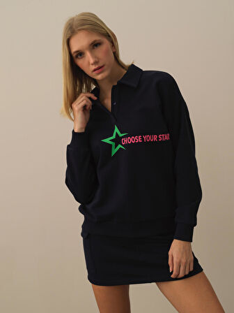 Xint Lacivert Pamuk Dokulu Regular Fit Sweatshirt