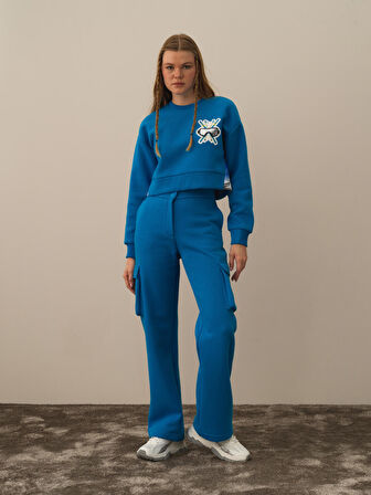 Xint Mavi Pamuk Dokulu Oversize Sweatshirt