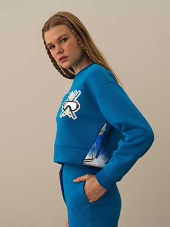 Xint Mavi Pamuk Dokulu Oversize Sweatshirt