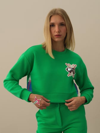 Xint Yeşil Pamuk Dokulu Oversize Sweatshirt