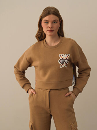Xint Camel Pamuk Dokulu Oversize Sweatshirt
