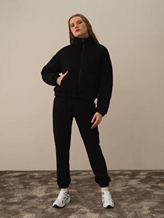 Xint Siyah Pamuk Dokulu Oversize Mont