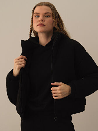 Xint Siyah Pamuk Dokulu Oversize Mont