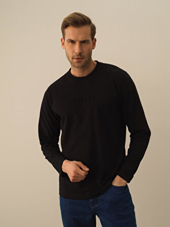Xint Siyah Pamuk Dokulu Regular Fit Uzun Kollu Tişört