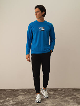 Xint Mavi Pamuk Dokulu Regular Fit Uzun Kollu Tişört