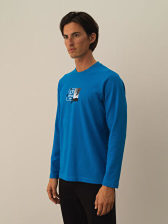 Xint Mavi Pamuk Dokulu Regular Fit Uzun Kollu Tişört