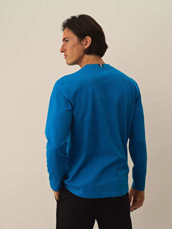 Xint Mavi Pamuk Dokulu Regular Fit Uzun Kollu Tişört