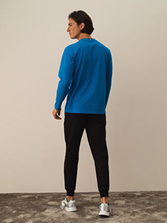 Xint Mavi Pamuk Dokulu Regular Fit Uzun Kollu Tişört