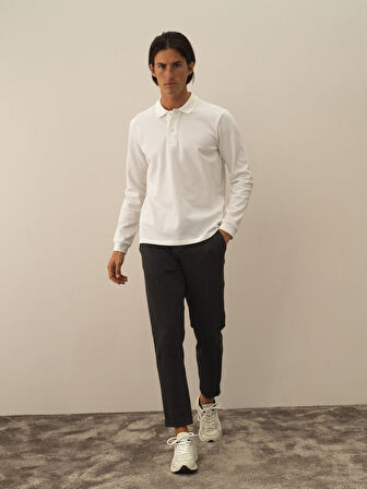 Xint Kırık Beyaz Pamuk Dokulu Slim Fit Uzun Kollu Tişört