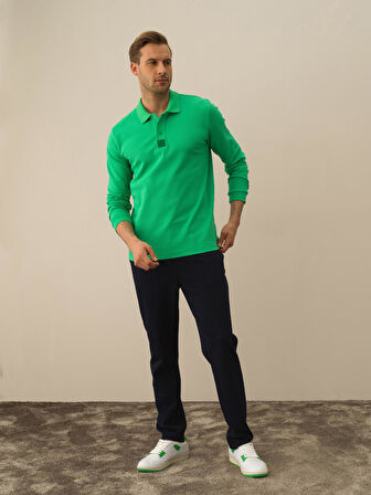 Xint Yeşil Pamuk Dokulu Slim Fit Uzun Kollu Tişört
