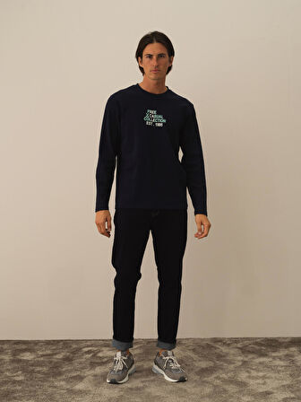 Xint Lacivert Pamuk Dokulu Regular Fit Uzun Kollu Tişört