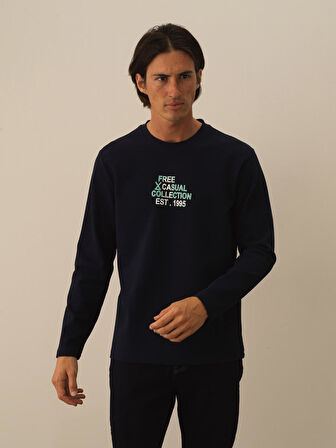 Xint Lacivert Pamuk Dokulu Regular Fit Uzun Kollu Tişört