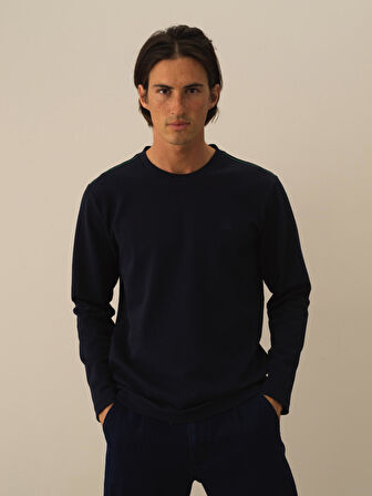 Xint Lacivert Pamuk Dokulu Regular Fit Uzun Kollu Tişört