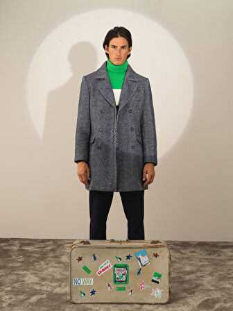 Xint Lacivert Doğal Yün Dokulu Regular Fit Kaban