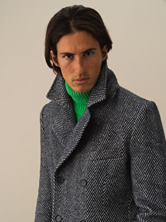 Xint Lacivert Doğal Yün Dokulu Regular Fit Kaban