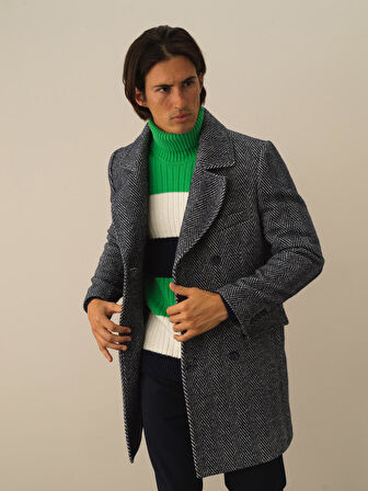 Xint Lacivert Doğal Yün Dokulu Regular Fit Kaban