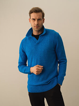 Xint Mavi Lüks Pamuk Dokulu Regular Fit Kazak