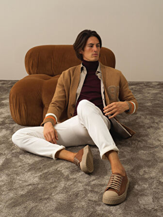 Xint Camel Lüks Pamuk Dokulu Regular Fit Hırka