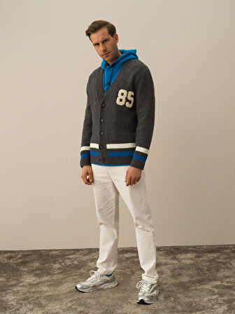 Xint Koyu Gri Dokulu Lüks Pamuk Dokulu Regular Fit Hırka