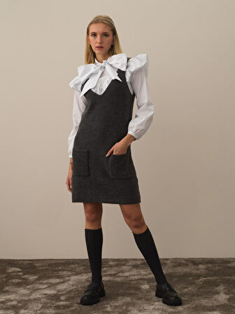 Xint Koyu Gri Lüks Pamuk Dokulu Oversize Elbise