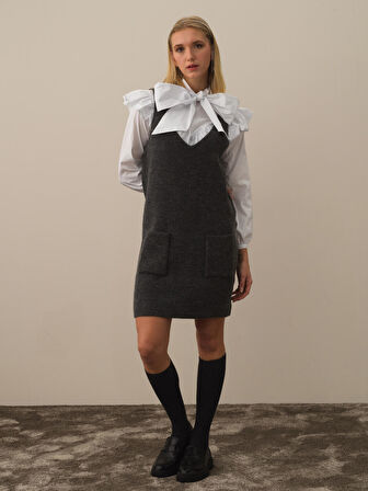 Xint Koyu Gri Lüks Pamuk Dokulu Oversize Elbise