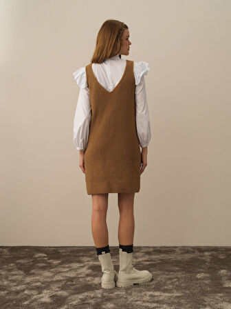 Xint Camel Lüks Pamuk Dokulu Oversize Elbise