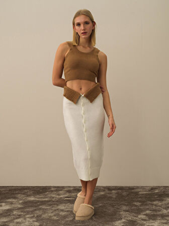 Xint Kırık Beyaz Lüks Pamuk Dokulu Oversize Etek