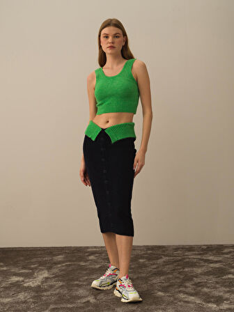 Xint Lacivert Lüks Pamuk Dokulu Oversize Etek