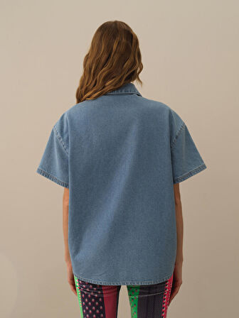 Xint Mavi Pamuk Dokulu Oversize Gömlek