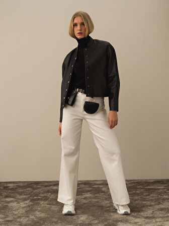 Xint Siyah Deri Görünümlü Oversize Ceket