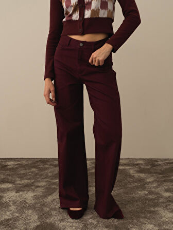 Xint Bordo Pamuk Dokulu Oversize Pantolon