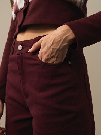 Xint Bordo Pamuk Dokulu Oversize Pantolon