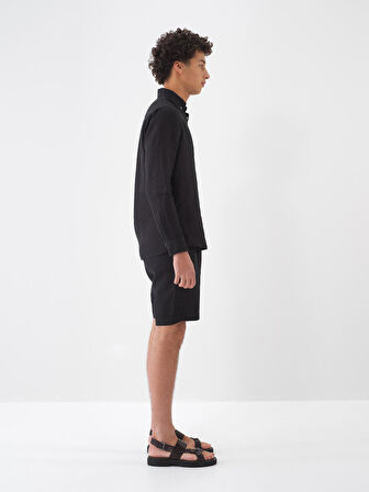 Siyah Regular Fit Keten Şort