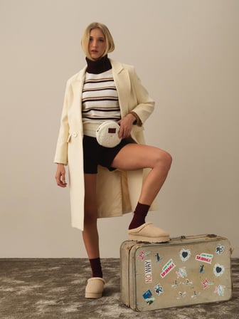 Xint Ekru Esnek Dokulu Oversize Kaban