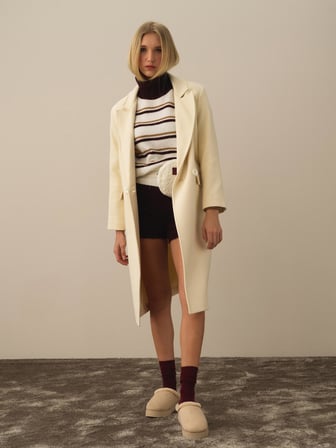 Xint Ekru Esnek Dokulu Oversize Kaban