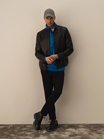 Xint Siyah Deri Görünümlü Regular Fit Mont