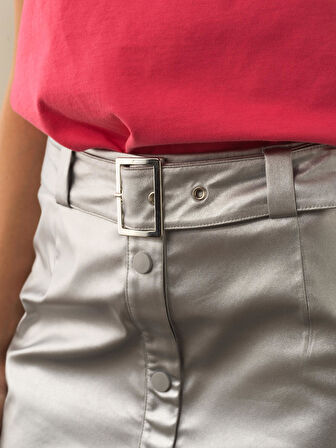 Xint Gri Deri Görünümlü Regular Fit Etek