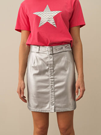 Xint Gri Deri Görünümlü Regular Fit Etek